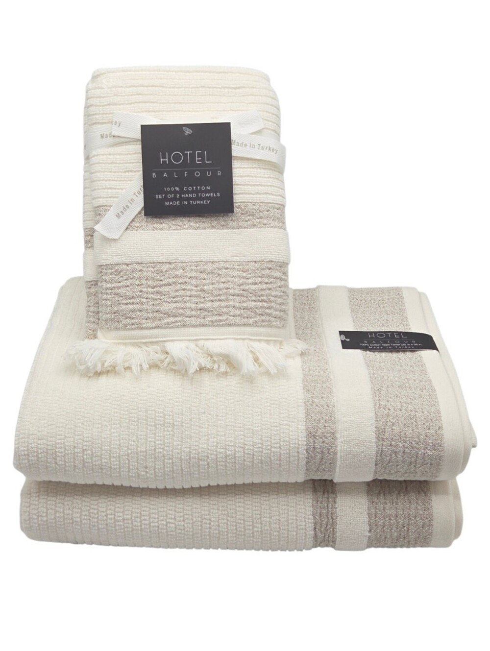Hotel Balfour 4pc Cream And Taupe Turkish Cotton Towel Set 2 Bath 2 Hand Japandi